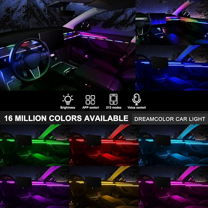Dreamcolor Acrylic Interior Car LED Strip Light with Wireless APP, RGB 10 in 1 with 175 inches 593 LEDs Fiber Optic Ambient Lighting Kits, 16 Million Colors Sound Active Function Car Neon Lights