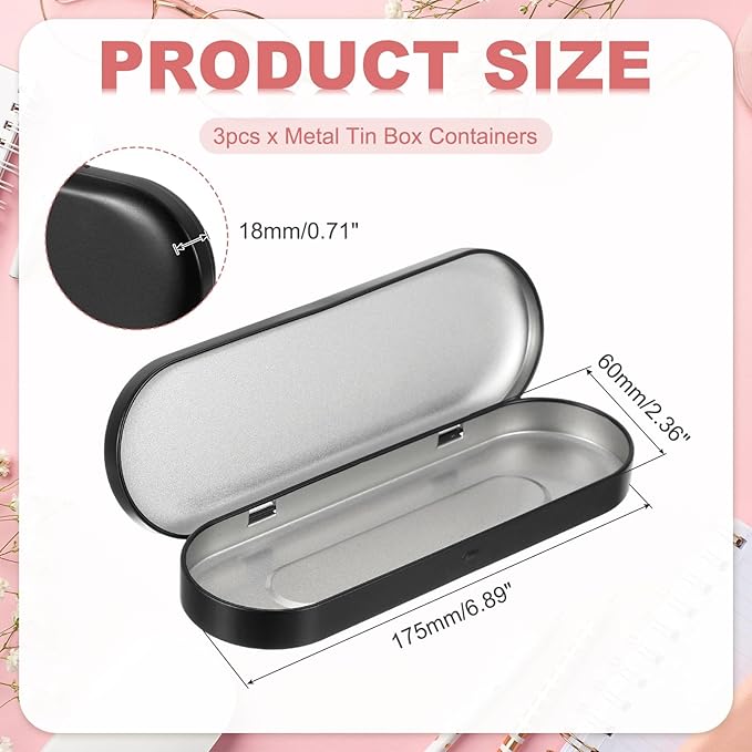 uxcell 3pcs Metal Hinged Tins Box, 6.9x2.4x0.7 Inch Rectangular Empty Tin Box Portable Pencil Containers for Pen Makeup Brushes Home Organizers, Black