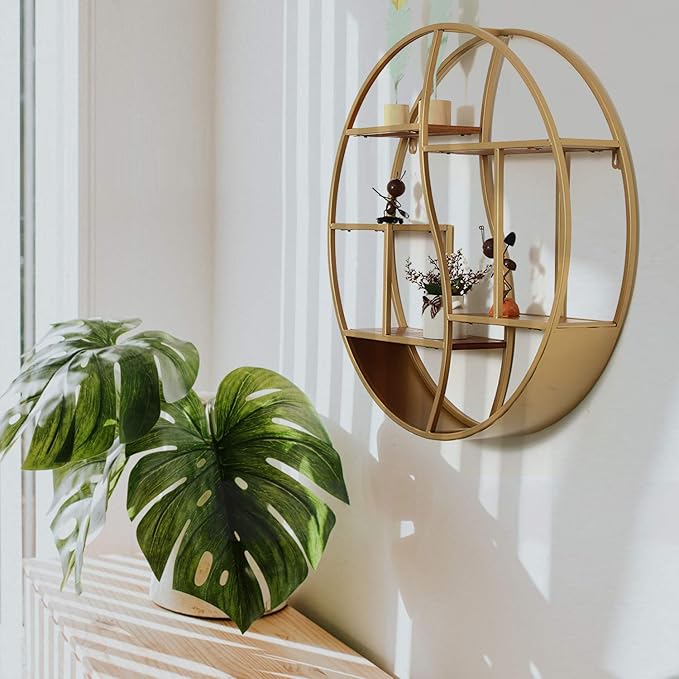 Round Wall Shelf,24 inch Metal Circle Shelf Wood Floating Shelves,Rustic Gold Wall Mounted Display Organizer Shelf for Fireplace,Living Room,Bathroom