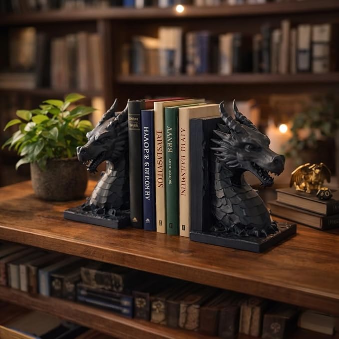 Dragon Bookends Set of 2 - Light Weight - Fantasy Dragon Book Ends for Shelves, Gothic Dragon Bookshelf Decor, Decorative Bookends for Home Office, Book Organizer for Fantasy Lovers