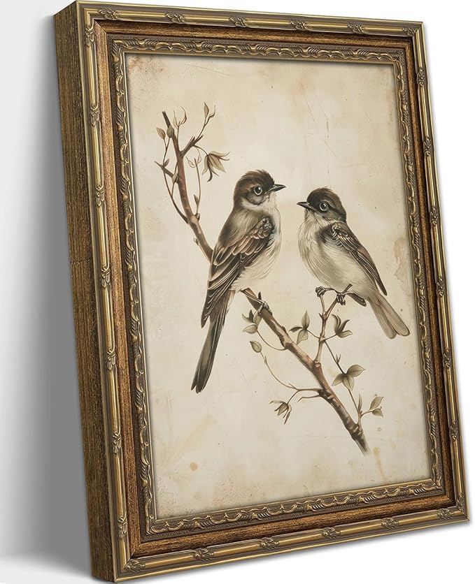Vintage Gold Framed Wall Art Neutral Summer Bird Wall Art Vintage Botanical Birds Nature Wall Decor Picture Rustic Cottage Gallery Poster Print for Living Room Bedroom 12x16in