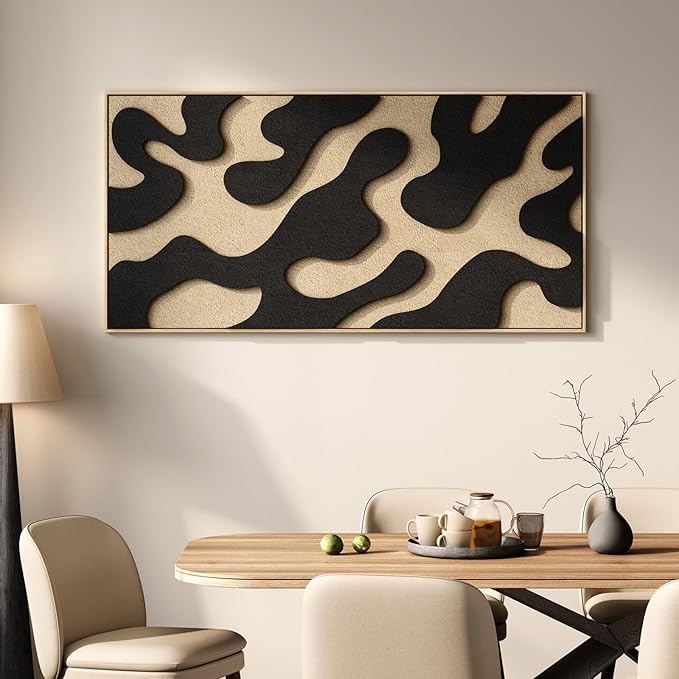 Large 3D Textured Framed Abstract Wall Art for Living Room, Horizontal Modern Paintings Artwork for Walls, Minimalist Neutral Black and Beige Pictures for Bedroom Hallway Office Wall Decor 30x60 In