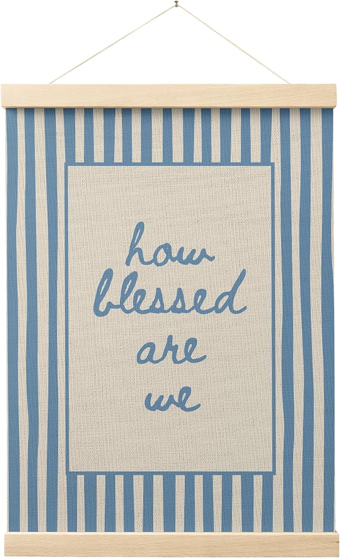 FGFK Trendy Blue Christian How Blessed Are We Wall Art Poster Hanger Frame, Retro Blue Striped Religious Bible Verse Canvas Prints Framed Wall Decor for Home Girls Room Bedroom, 12x16 Inch