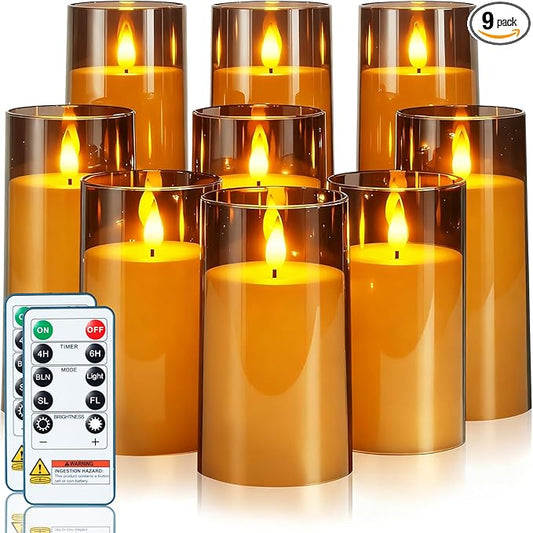 Homemory Gray Flickering Flameless Candles, Battery Operated Acrylic LED Pillar Candles with Remote Control and Timer, Halloween Decor, Set of 9