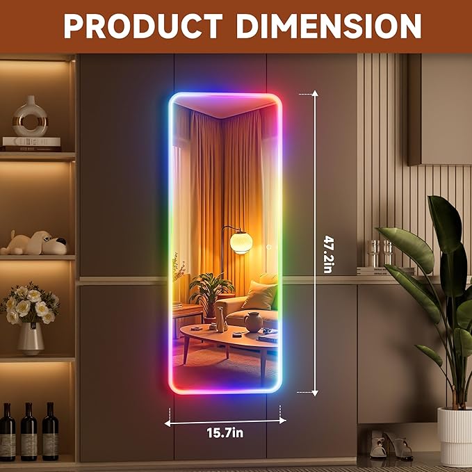 Hasipu 47"x15.7" LED RGB Door Mirror Full Length, Full Body Full Length Over The Door Mirror with Lights, Door Hanging & Wall Mounted Mirror for Bedroom, Living Room, Cloakroom