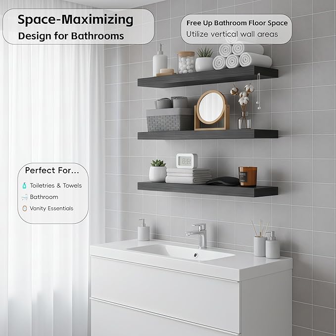 Lufia Floating Wall Shelves, Set of 4, MDF with Invisible Brackets, Modern Storage for Bedroom, Bathroom, Living Room, Kitchen (Black, 15.8" W x 5.5" D x 1.2" H)