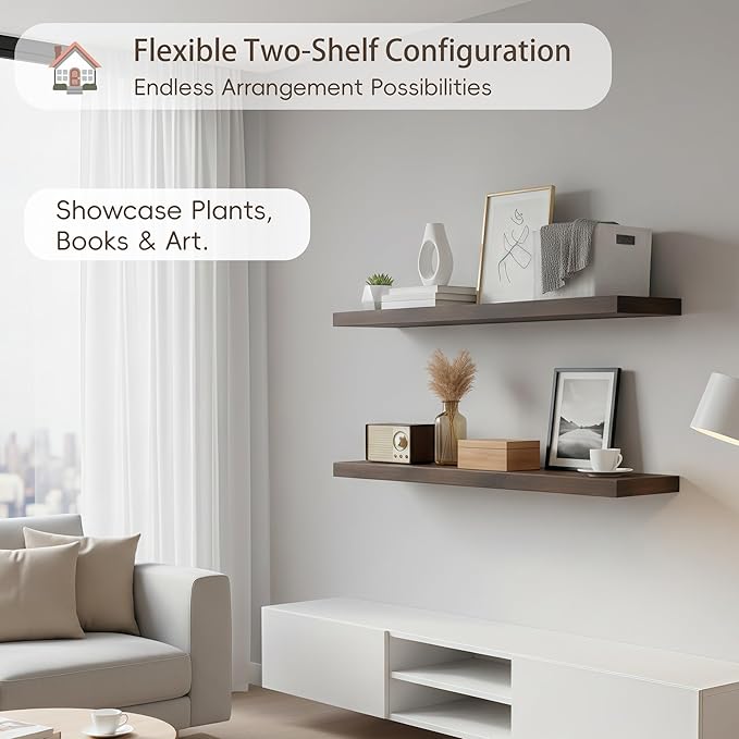 Lufia Floating Wall Shelves, Set of 2, MDF with Invisible Brackets, Modern Storage for Bedroom, Bathroom, Living Room, Kitchen (Rustic Brown, 24" W x 7" D x 1.5" H)