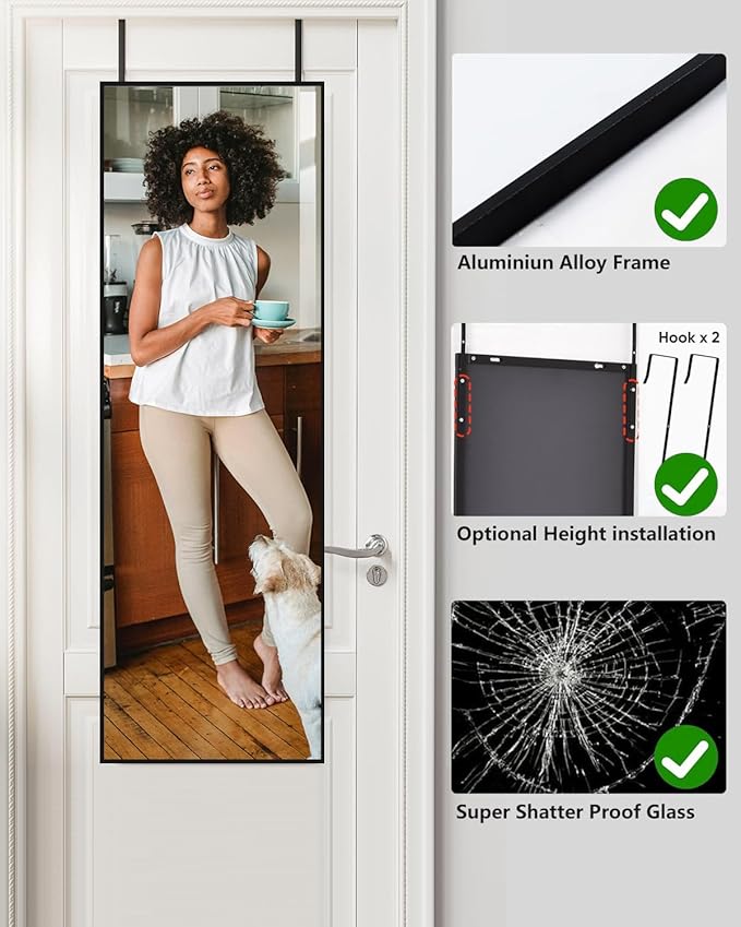DMWOODFL 48"x14" Over The Door Full Length Mirror - Wall Mounted or Hanging with 2 Metal Hooks, Space-Saving Black Mirror for Bedroom, Bathroom, Living Room Decor