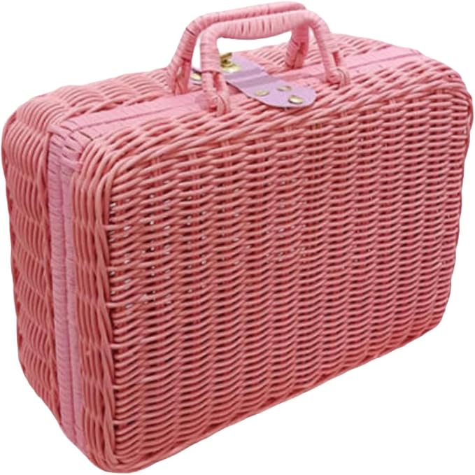 Woven Suitcase Imitation Rattan Storage Basket Gift Box Rustic Picnic Suitcase Handwoven Storage Case for Travelling Bathroom, Pink M