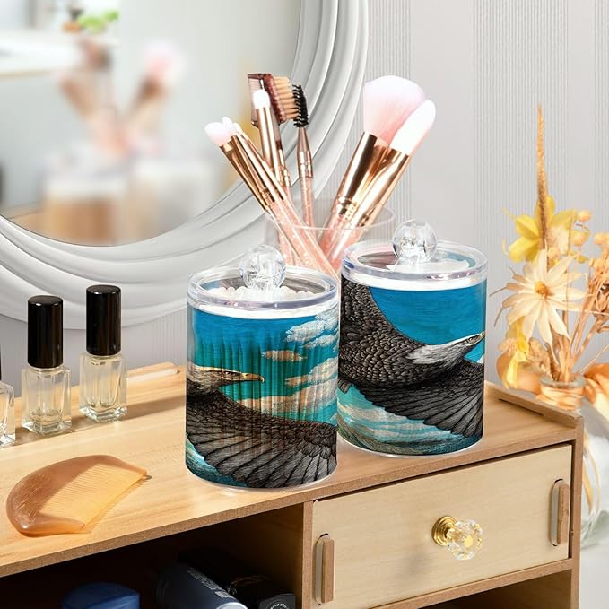 2 Pack Apothecary Jars,Bald Eagle Sky Bathroom Vanity Storage Organizer Set,Small Clear Plastic Storage Jars Bathroom Canister for Cotton Swabs,Rounds,Balls,Qtips,Makeup Sponges