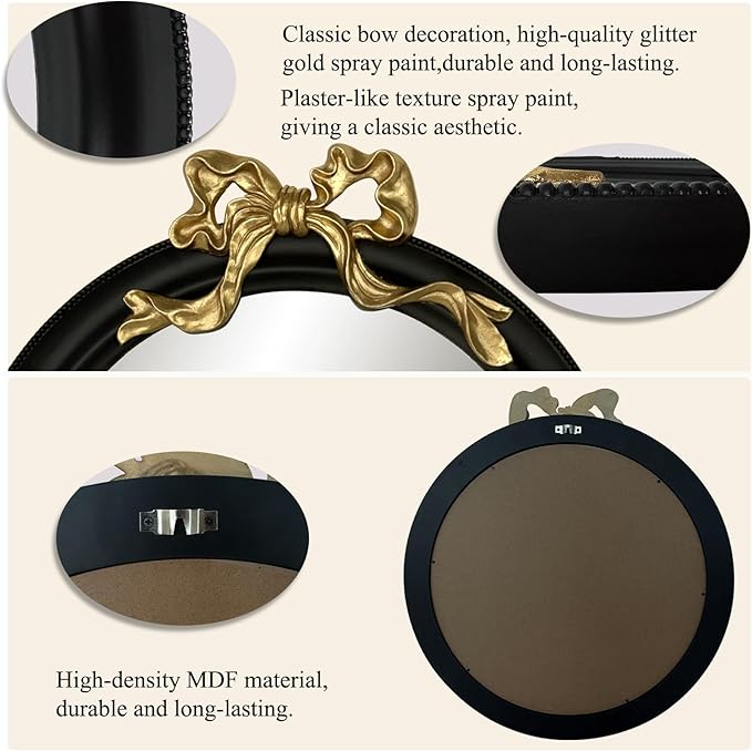25x25 inch Bow Antique Round Mirror for Wall, Gold & Black Decorative Wall-Mounted Circle Mirror, Perfect for Bedroom, Hallway, Living Room Décor, and Bathroom Vanity