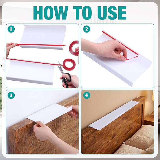 Hoteam 4 Pcs Headboard Shelf No-Screws Dorm Bed Shelf Self Adhesive White Dorm Headboard Storage with Acrylic Double Sided Tape Over Bed Organizer for Flat Top Headboards Home Bedroom Renter