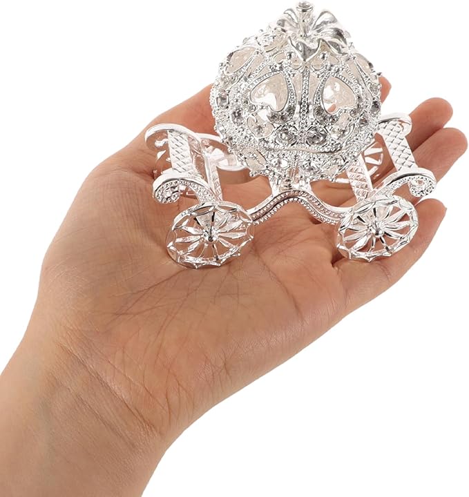 Ipetboom Rhinestone Trinket Box - 1pc Silver Pumpkin Carriage Princess Crystal Jewelry Box Alloy Pumpkin Cart Ornaments Display Holder Organizer for Accessories Cosmetics - 3.14x2.95x1.97in