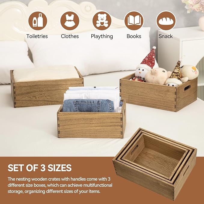 KIRIGEN Nesting Wooden Crates with Portable Handles for Home Organizer - Wood Rustic Decor Farmhouse Boxes / Basket Rolling Trays set of 3 Dark Brown