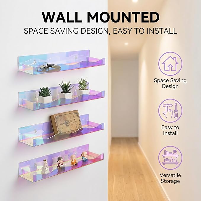 Hiceeden 4 Pack 15" Iridescent Acrylic Floating Shelves, Wall Mounted Floating Bookshelf Organizer for Room, Clear Nail Polish Sunglasses Display Shelf for Picture Ledge, Book, Funko Pop