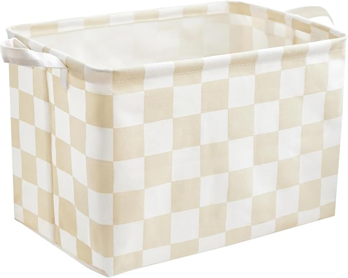 Ohocut Beige White Checkered Canvas Basket, Rectangular Organizing Decorative Storage Basket for Kids Dog Toy, Cute Aesthetic Checkered Room Decor for Home, Kitchen, Bedroom, Classroom, Shelves