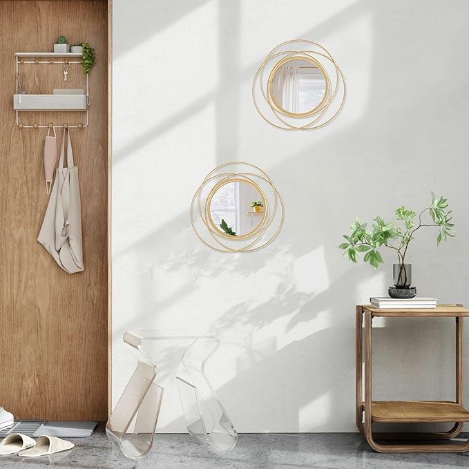 2 Pcs Decorative Circle Wall Mirror Gold Round Modern Mirrors Wall Art Ring Metal Wall Decor Wall Mounted Mirror for Bedroom Living Room Entryway Hallway