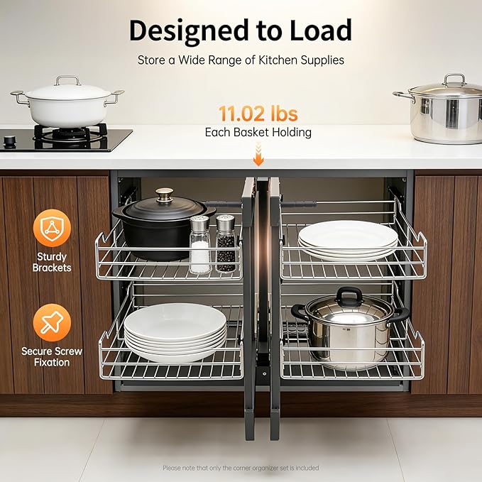 2 Tier Blind Corner Pull Out Organizer,Kitchen Slide Out Corner Cabinet Organizer Shelf with 4 Basket,Left Open & Right Open Compatible Cupboard Storage Shelf for Kitchens Bathrooms Laundries