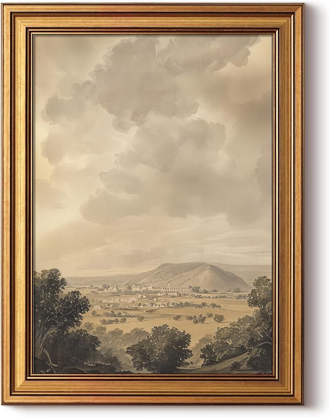 HUARCEY Framed Canvas Wall Art Vintage Decor, Mountain Clouds Picture Decor, Rustic Vintage Neutral Canvas Paintings Retro Table Desk Pictures for Bedroom Living Room, 12x16Inch