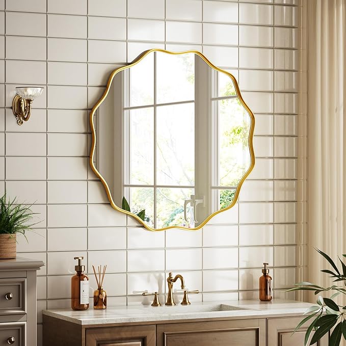 Round Wavy Mirror - 30 Inch Bathroom Vanity Mirror Metal Frame Circle Wall Mounted Mirror for Bedroom Living Room Entryway, Gold