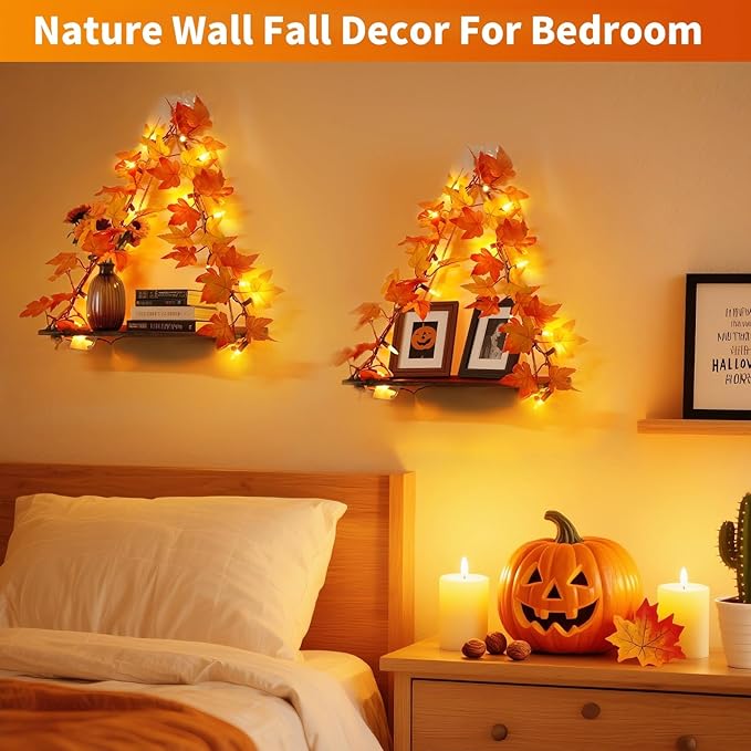Fall Wall Decor Macrame Wall Hanging Shelf with Fall Lighted Garland,2 Pack Fall Leaves Garland Lights Boho Floating Shelves for Bedroom Living Room Boho Wall Décor, Fall Decorations for Home