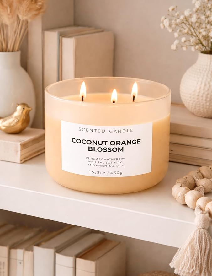 Coconut Orange Blossom 3-Wick Soy Candle | 15.8 oz Large Scented Candle for Home | Clean Burn Long Lasting | Creamy Floral Citrus Scent | Gift Ready