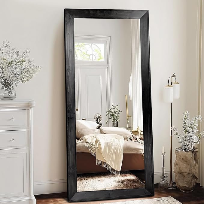 Oversized Black Full Length Mirror 71"x32" - Beveled Solid Wood Frame Wall Mounted or Leaning - Modern Minimalist Dressing Mirror