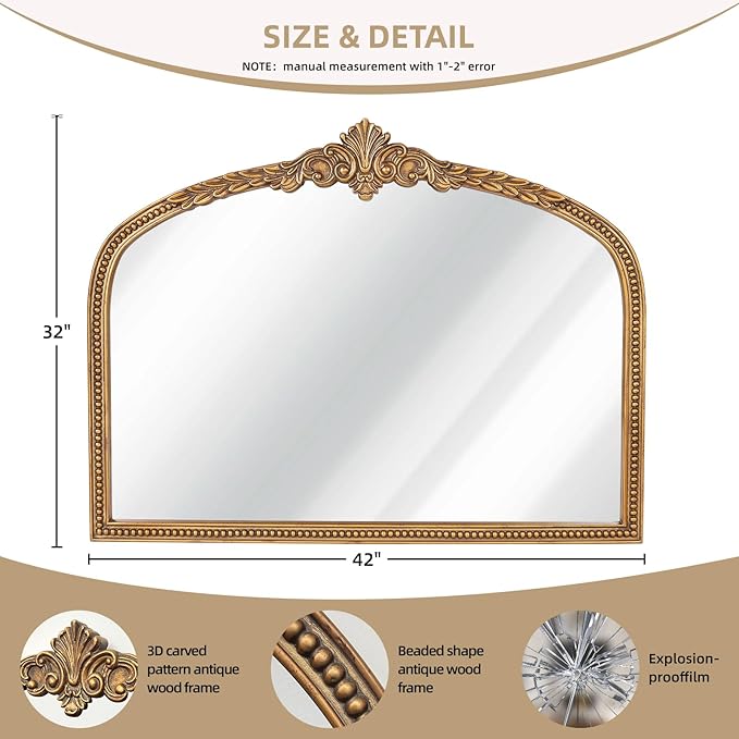 Farmhouse Wide Arched Mirror - 32x42 Inches Antique Gold Baroque Wooden Mirrors, Vintage Ornate Beaded Decorative Mirror for Living Room, Mantel