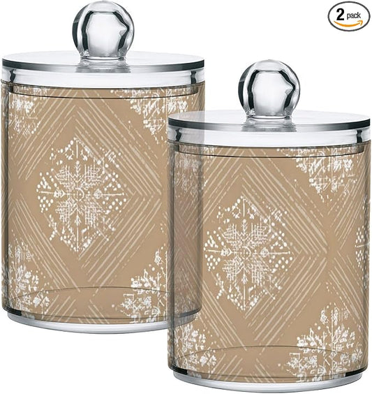 2 Pack Apothecary Jars Snowflake Pattern Design Brown Bathroom Vanity Storage Organizer Set,Small Clear Plastic Storage Jars Bathroom Canister for Cotton Swabs, Rounds, Balls, Qtips,Makeup Spon