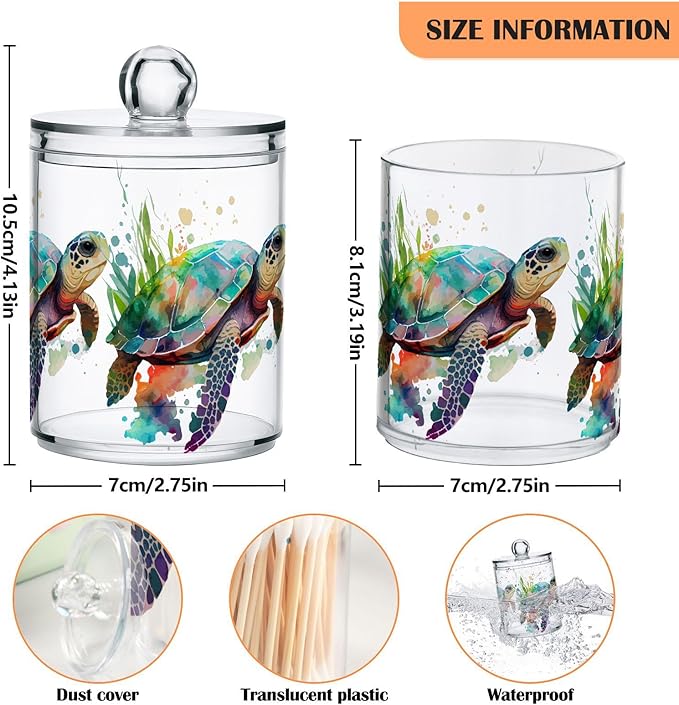 2 Pack Qtip Holder Dispenser for Cotton Ball Turtle Watercolor Cotton Swab Round Pads Clear Plastic Acrylic Jar Set Bathroom Canister