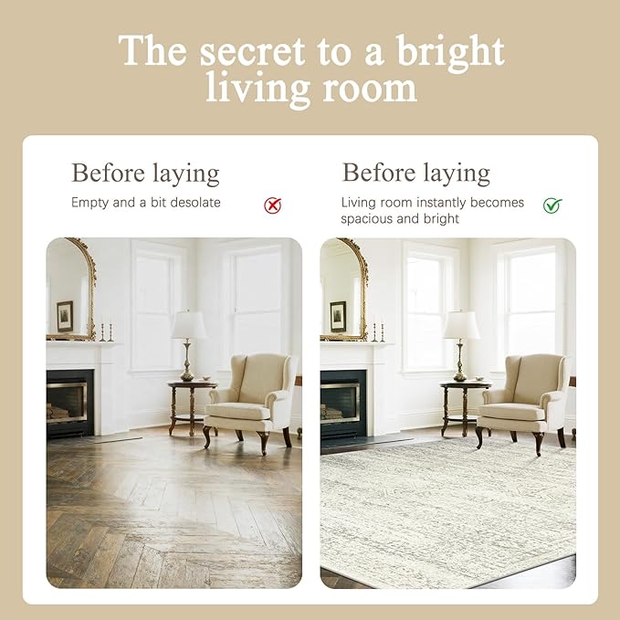 Srugn Washable Rugs 6x9 Area Rugs for Living Room,Bedroom,Dining Room- Large Ultra Soft Faux Wool Retro Carpets,Non Slip&Non-Shedding Low Pile Vintage Print Rug for Home Office Decor-Beige