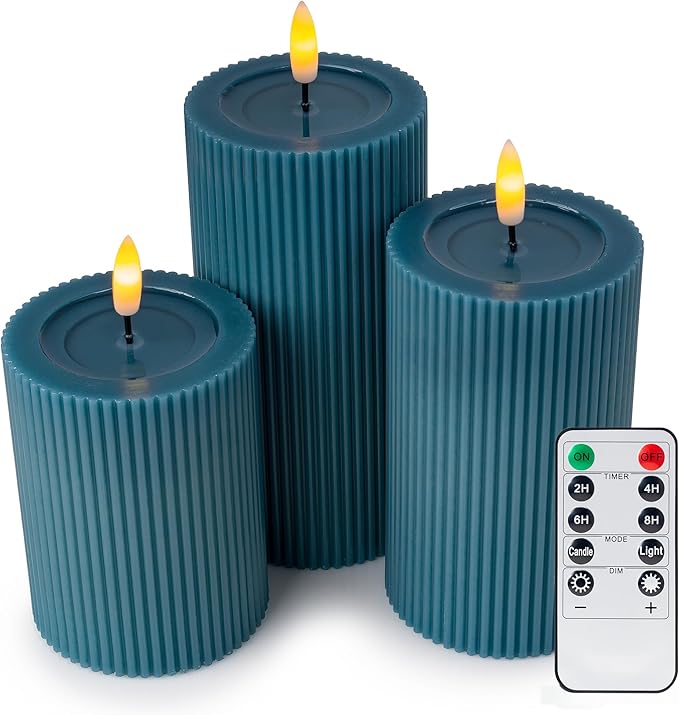 Fluted Ribbed LED Pillar Candles, Blue, with Reflective Melted-Wax Effect – Flickering Flame, Remote, Dimmable, Flameless, Battery Operated, Home & Wedding Decor (Set of 3)