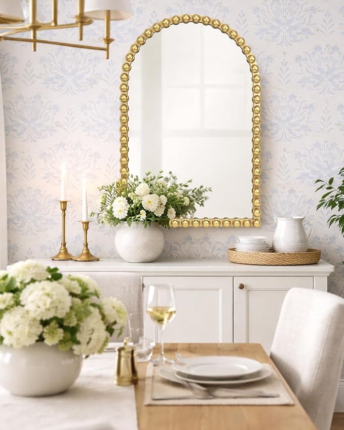 Gold Beaded Arched Wall Mirror 24x36 Inch, Vintage Decorative Arch Mirror with Beaded Frame, Accent Mirror for Entryway, Bathroom, Living Room, Bedroom, Fireplace