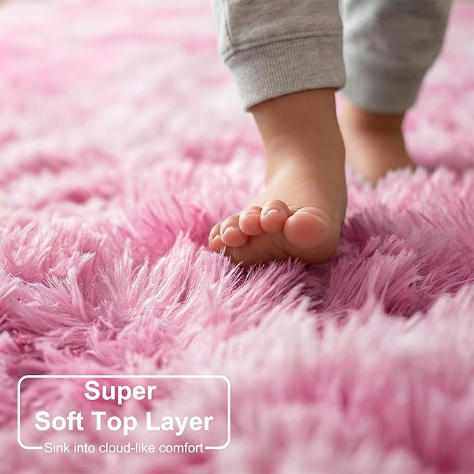Amdrebio Tie-Dyed Pink and White Rug 5x8 for Girls Bedroom, Soft Area Rugs for Kids Room, Cute Fluffy Fuzzy Princess Rugs for Playroom Dorm, Furry Shaggy Carpet for Baby Nursery, Preppy Room Decor