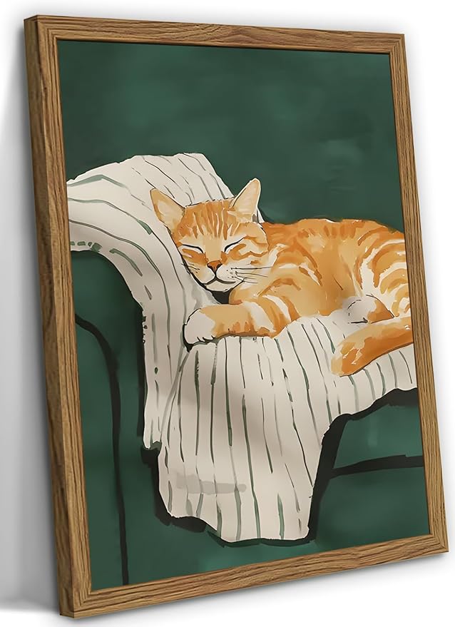 Funny Cat Wall Art Cute Cat Sleeping on Couch Wall Decor Painting Orange Pet Kitty Portrait Pictures Prints Contemporary Animal Canvas Artwork for Bedroom Living Room 16x24 inch Wood Framed