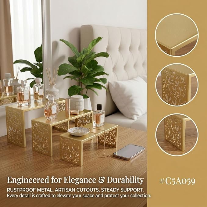 AIM & GGKK 3-Tier Gold Perfume Organizer Stand | Rustproof Metal Cologne Display Rack for Cluttered Vanity & Bathroom | Space-Saving Vertical Fragrance Holder & Elegant Cupcake Tower for Party Decor