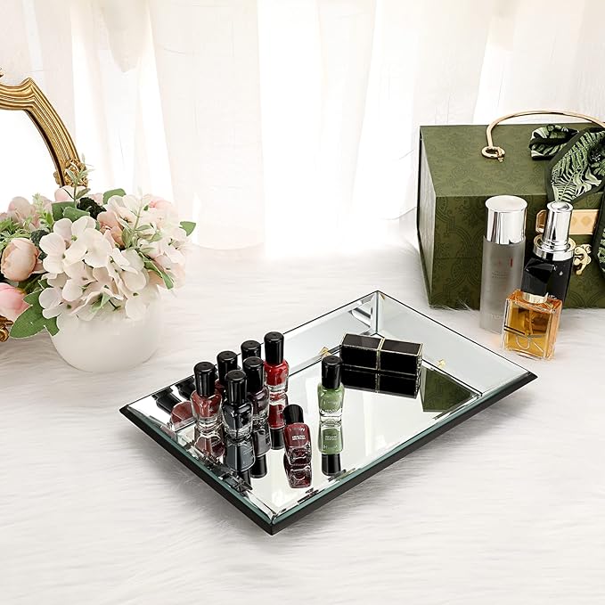Hipiwe Glass Mirror Makeup Vanity Tray Black Rectangle Perfume Jewelry Trinket Organizer Coffee Table Centrepiece Decorative Dresser Bathroom Storage, 11.9x7.9 inch