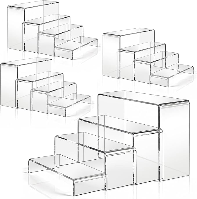 16 Pcs Acrylic Risers 4 Sizes(7" L~9" L) Riser Display Shelf Cupcake Stand Display Cabinet Clear Rectangular Display Stands Set