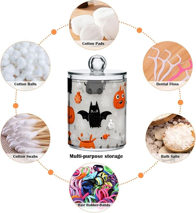 2 Pack Apothecary Jars Halloween Black Bats Bathroom Vanity Storage Organizer Set,Small Clear Plastic Storage Jars Bathroom Canister for Cotton Swabs, Rounds, Balls, Qtips,Makeup Sponges, Floss