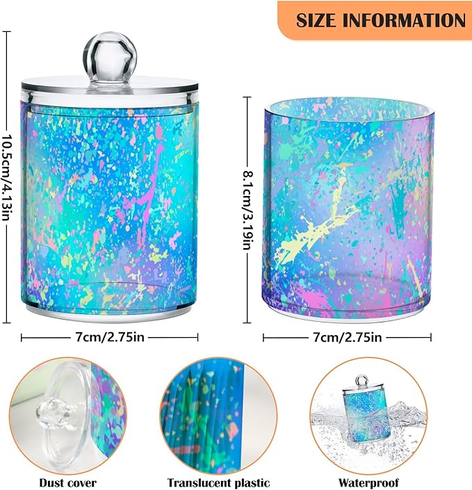 2 Pack Qtip Holder Dispenser for Cotton Ball Rainbow Grid Marble Cotton Swab Round Pads Clear Plastic Acrylic Jar Set Bathroom Canister