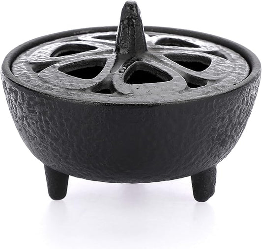 JUXYES Vintage Tripod Incense Burner Holder with Lid, Cast Iron Incense Holder Metal Cauldron Censer Antique Cone Coil Incense Burner Holder for Incense Resins, Charcoal, Cones or Wax Melts