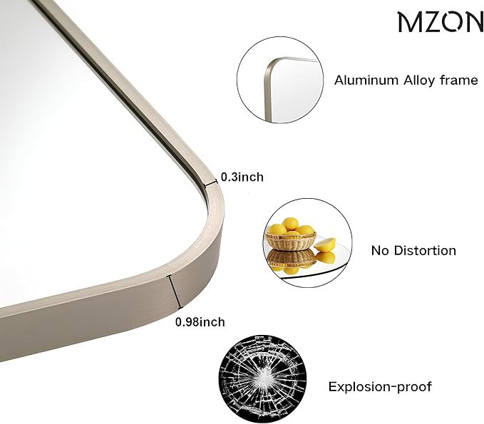 MZON 20x30Inch Brushed Nickel Bathroom Mirror, Rectangle Wall Mounted Mirror for Bathroom or Dresser, Anti-Rust Frame & Tempered Glass, Hangs Horizontally/Vertically - Space-Saving Modern Decor