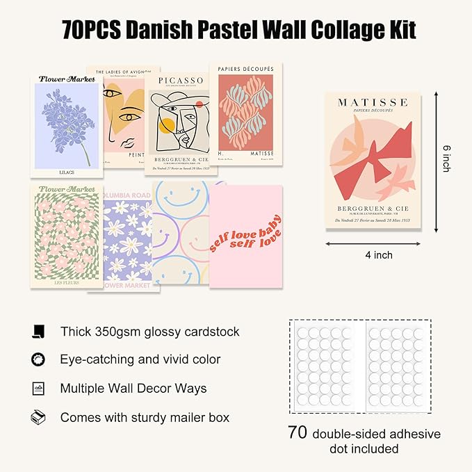 KBKBART 70pcs Danish Pastel Wall Collage Kit Aesthetic Pictures, Cute Danish Pastel Posters Matisse Wall Art Prints Preppy Room Decor 4"x6" for Teens Girls Women Dorm Bedroom