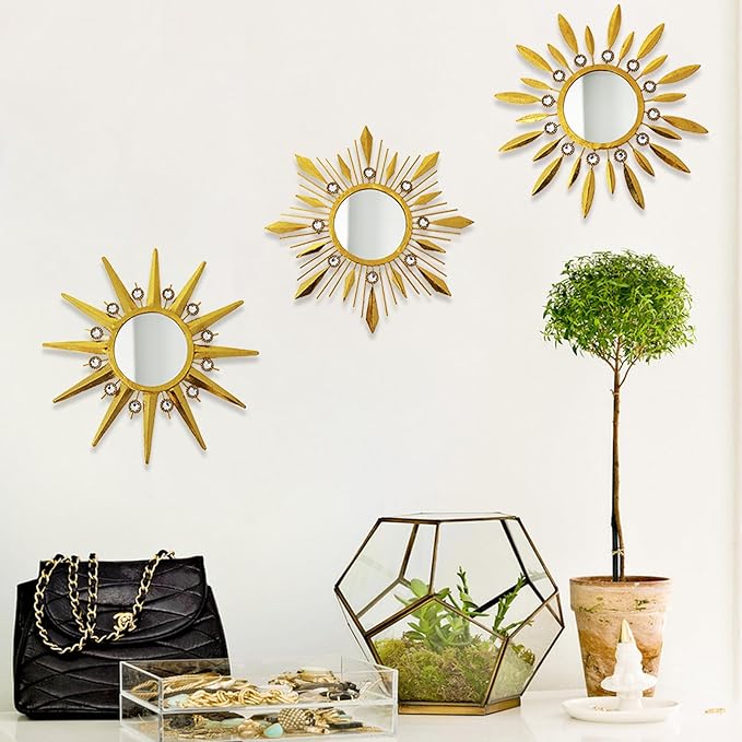 Champagne Gold Round Mirrors for Wall Art Pack of 3, Decorative Mirror Wall Valentine Decor& Vintage Room Decor, Sunburst Circle Mirrors Modern Valentine Gifts for Women & Moms