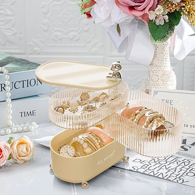 Jewelry Box, 3-Layer Rotation Jewelry Organizer, Acrylic Storage Boxes for Rings, Bracelets, Necklaces, Lipsticks, Make up Organizer for Vanity Top, Gifts for Women (3-Layer)