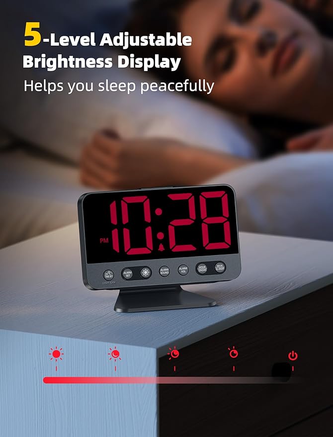 Odokee Digital Alarm Clocks for Bedrooms: Large Bold Number 5 Brightness Dimmer - Easy to Read Across The Room - 5 Alarm Sound 8 Night Light - Red