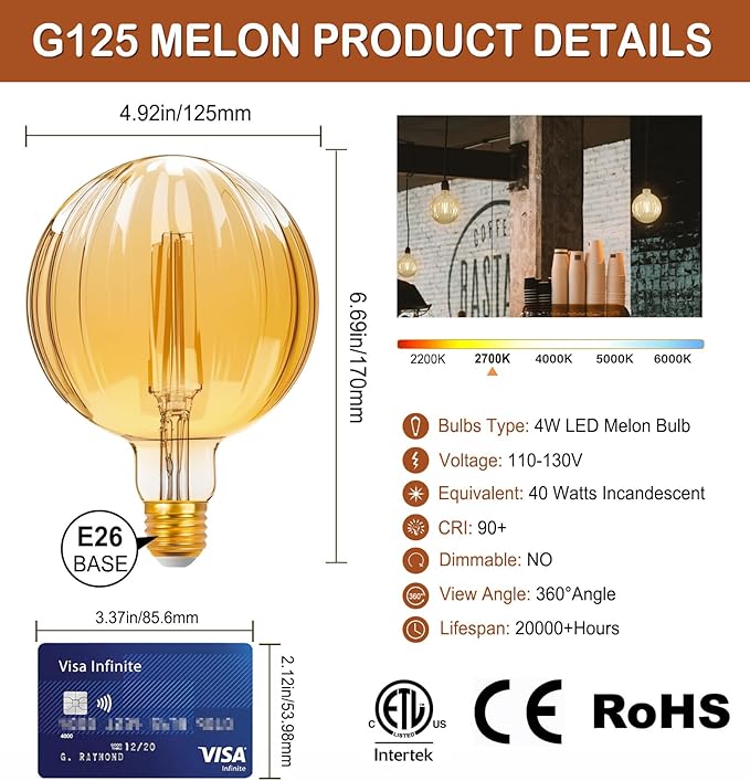 40 Watt Decorative Vintage LED Light Bulbs, Golden Melon 4W LED Filament Edison Bulb,2700K Oversized Warm Lights,Non-Dimmable E26 Lamp Base,1-Pack