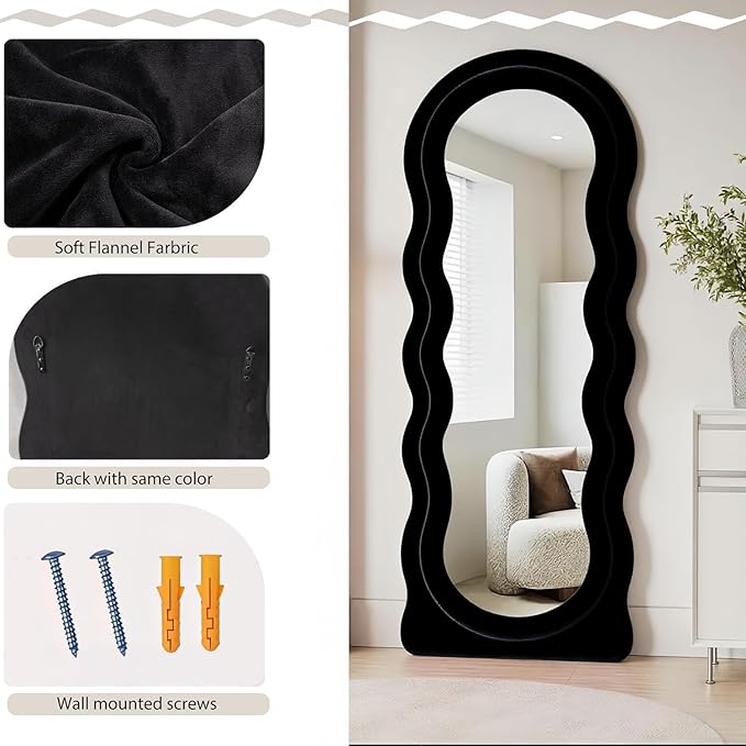 Dewfig Wavy Full Length Mirror with Stand, 63" x 24" Irregular Floor Mirror, Large Floor Length Mirror, Freestanding/Leaning/Wall Mounted, Flannel Wrapped Wooden Frame for Bedroom/Living Room, Black