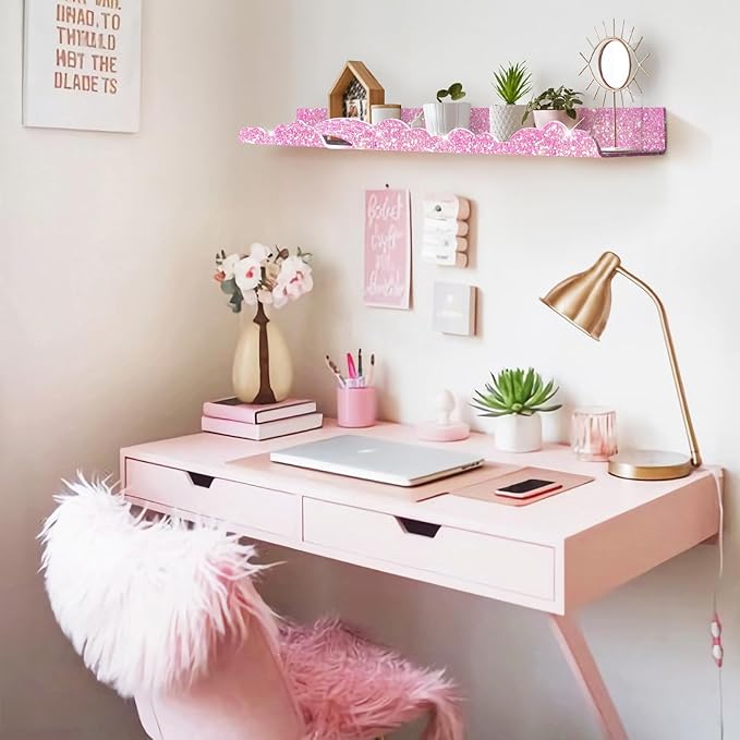 Rainbow Glitter Acrylic Floating Shelves, 23.6" Wall Mounted Nursery Bookshelves, Display Ledge for Books Toys Cosmetic Storage, Bathroom Bedroom Living Room Wall Organizer, 2 Pack, Pink