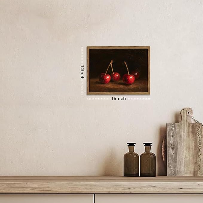Vintage Cherry Wall Art for Kitchen, Classic Still Life Oil Painting Canvas Wall Decor, Retro Rural Farmhouse Fruit Food Artwork Prints Pictures for Kitchen Dining Room 12x16 Inch Framed